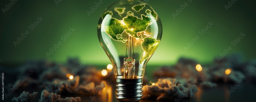 Renewable Energy.Environmental protection, renewable, sustainable energy sources. The green world map is on a light bulb that represents green energy Renewable energy, Generative AI - obrazy, fototapety, plakaty 