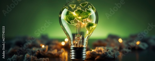 Renewable Energy.Environmental protection, renewable, sustainable energy sources. The green world map is on a light bulb that represents green energy Renewable energy, Generative AI photo