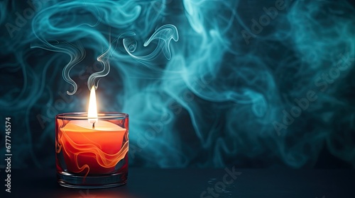  a lit candle in a glass on a table with blue smoke coming out of the top of the candle and on the bottom of the candle is a black surface. generative ai