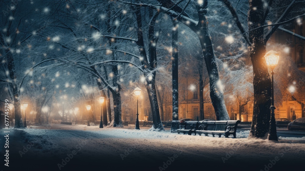 a snowy night in a city park with a bench and street lights in the foreground and a row of trees in the foreground with snow on the ground.  generative ai