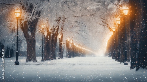  a snowy night in a park with a street light and street lamp in the foreground and trees on the other side of the path, with snow falling on the ground. generative ai