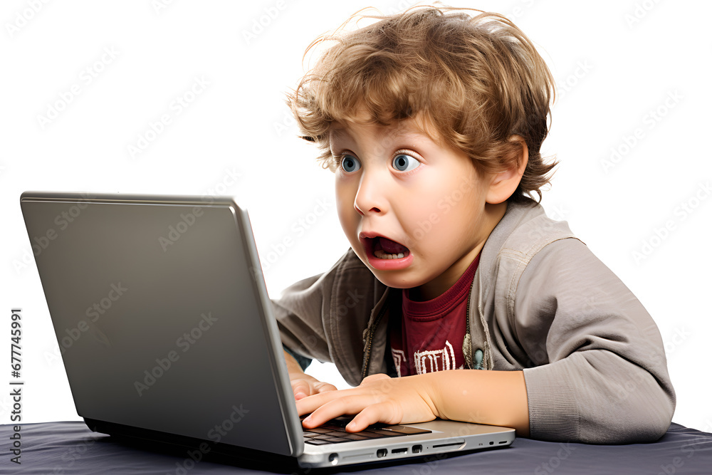 Small kid boy surprised or shocked looking at laptop screen isolated on white background Small kid boy surprised or shocked looking at laptop screen isolated on white background