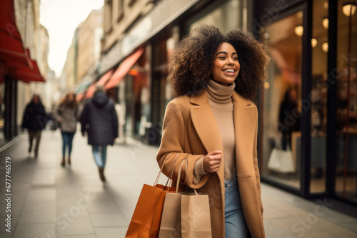 Effortlessly exploring, a female shopper with bags enjoys a leisurely walk through boutique shops and local markets, showcasing a diverse collection of acquisitions