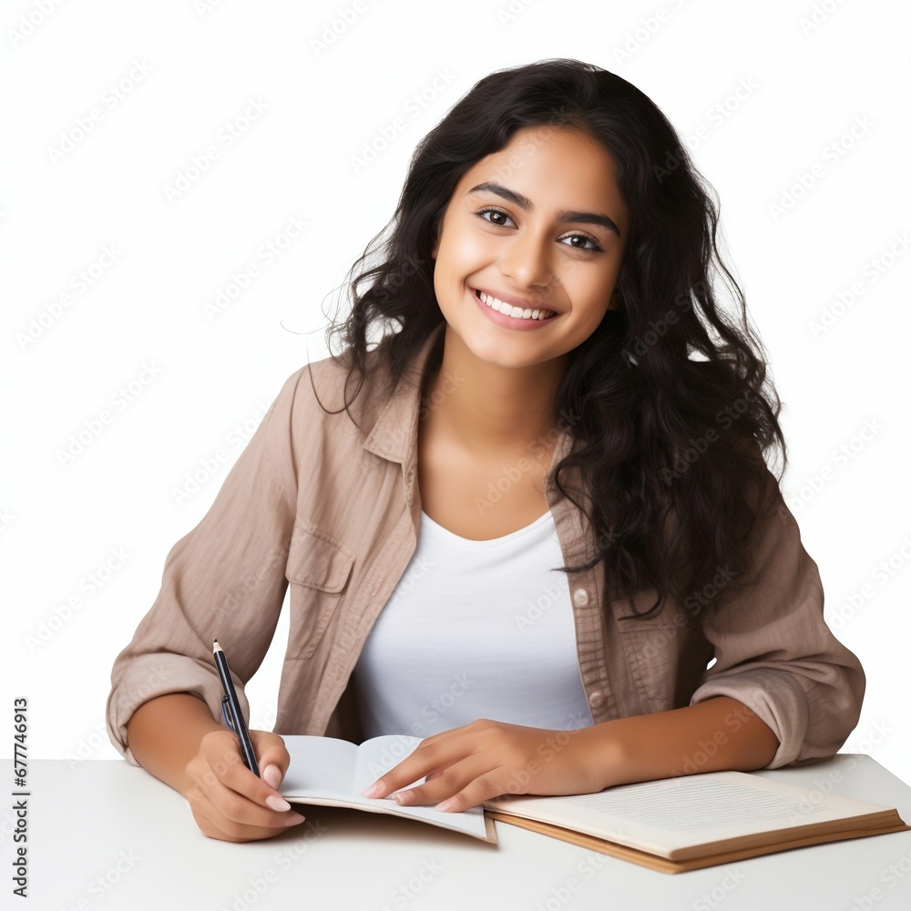 Joyful Indian Female Student Studying, Isolated on White Background. Generative ai Joyful Indian Female Student Studying, Isolated on White Background. Generative ai