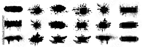Black splashes isolated on white background. Dirty artistic design elements, black grunge graphic box with frame for text. 