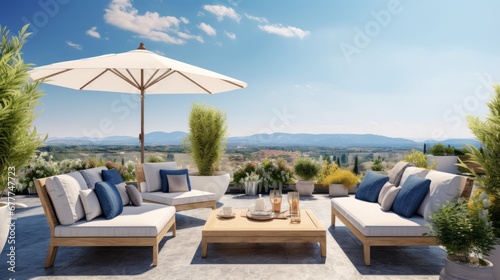 tropical casual relax beach vacation home terrace balcony easy minimal sofa armchair detail design with umbrella decorating tree garden background beautiful house design concept © VERTEX SPACE