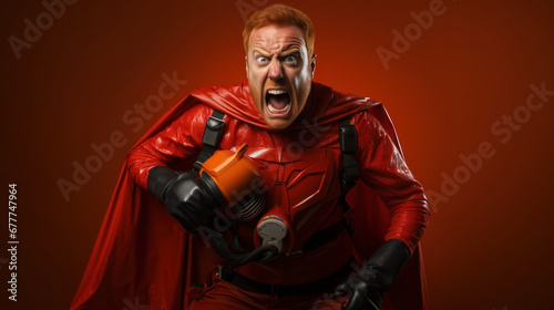 Funny red haired man dressed like a superhero with a gas mask isolated on orange background.
