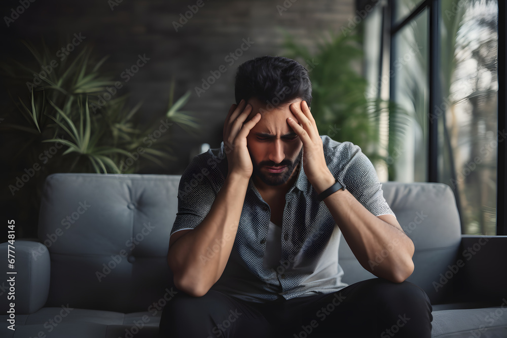 Young man has headache pain Young man has headache pain