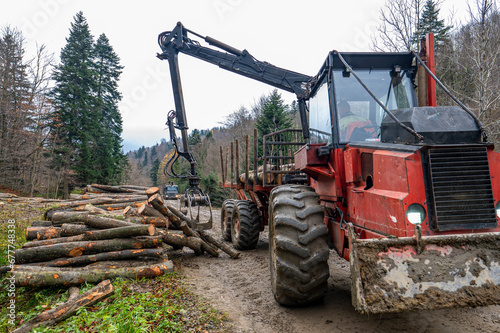 Specialized tractor forwarder folding wood in the forest. The Carpathians  Poland.