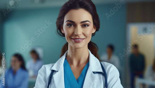 A female doctor against the background of colleagues. Doctor smiling at the camera. Meeting of scientists and doctors.