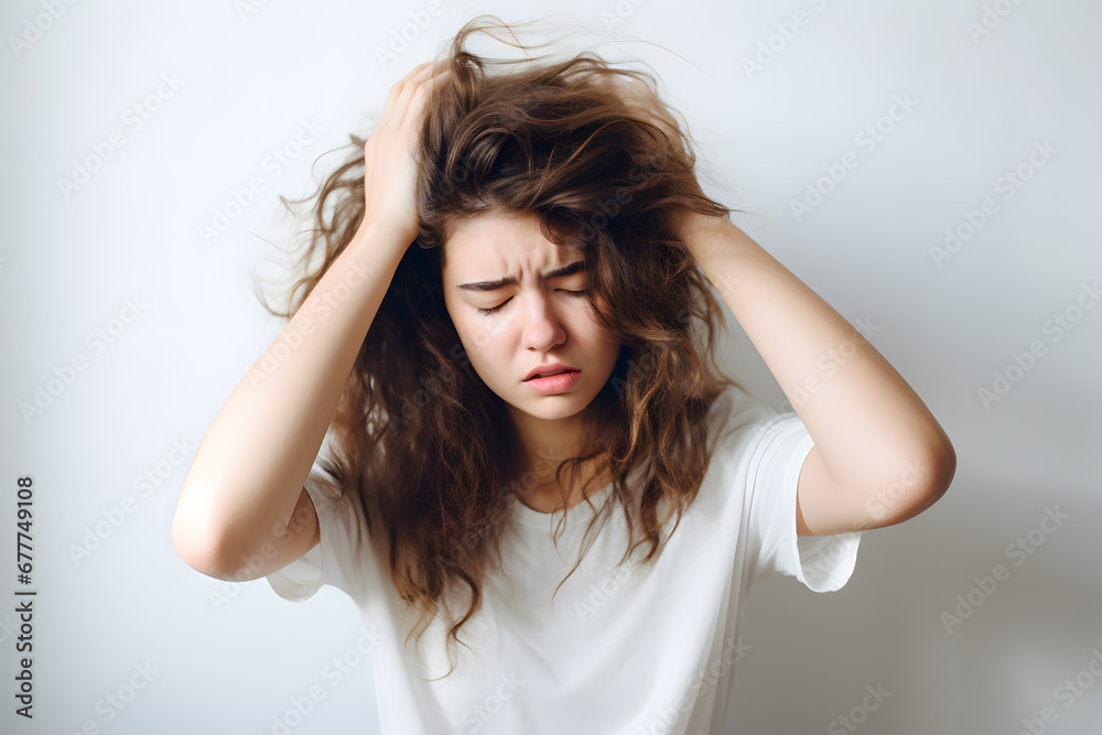 Young woman holding her head in pain isolated on white background. Migraine Young woman holding her head in pain isolated on white background. Migraine