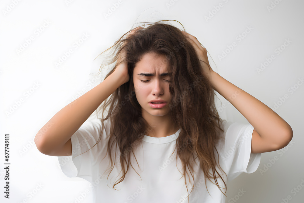 Young woman holding her head in pain isolated on white background. Migraine Young woman holding her head in pain isolated on white background. Migraine