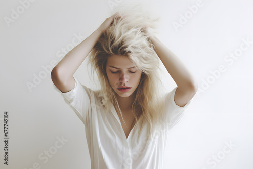 Young woman holding her head in pain isolated on white background. Migraine 