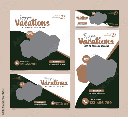 travel social media post web banner set, flyer or poster for travelling agency business offer promotion. Holiday and tour advertisement banner design templates (ID: 677749517)