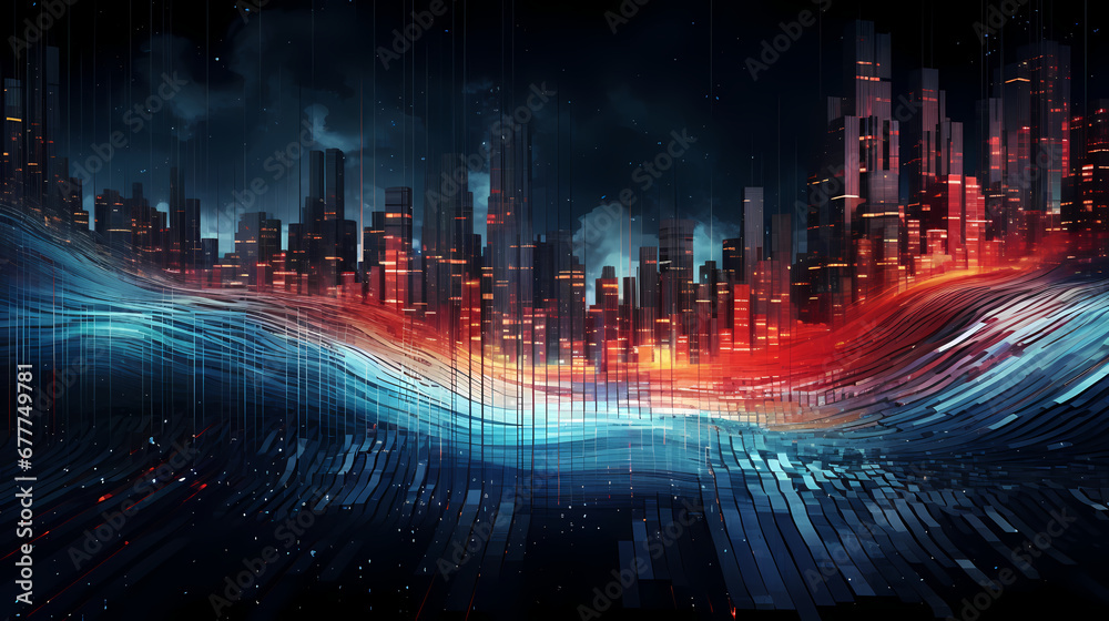 Fototapeta premium Data flood is like a tide sweeping the city abstract poster web page PPT background, digital technology background, digital technology background