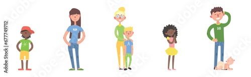 Happy Man, Woman and Kids Standing and Smiling Vector Illustration Set