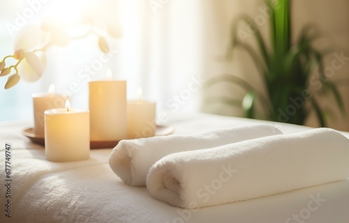 Towels and candles on massage table in spa salon. Place for relaxation © Oleksiy