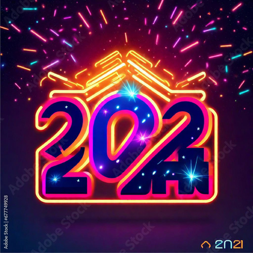 New Year 2024 logo with a digital explosion theme, integrating pixelated firecracker and heart design. bold typography, vibrant digital colors, and geometric firecracker patterns | Generative AI
