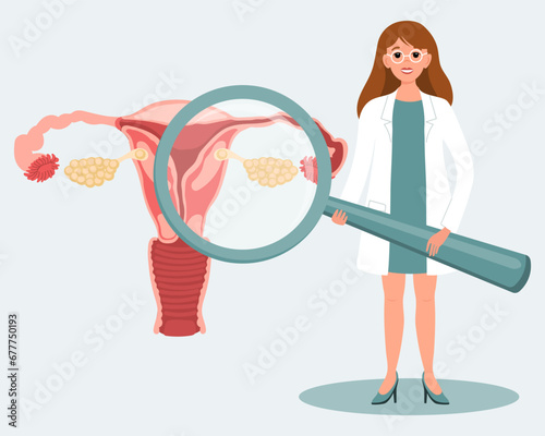 Woman doctor with magnifying glass and female uterus. Medical diagnosis of the human reproductive system, healthcare concept. Illustration, vector