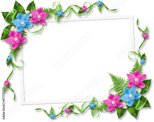 Card for invitation or congratulation with blue and pink orchids