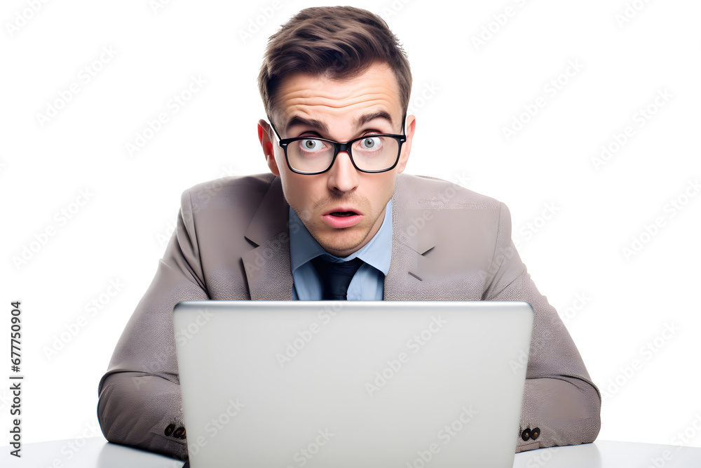 Young man surprised or shocked looking at laptop screen isolated on white background Young man surprised or shocked looking at laptop screen isolated on white background