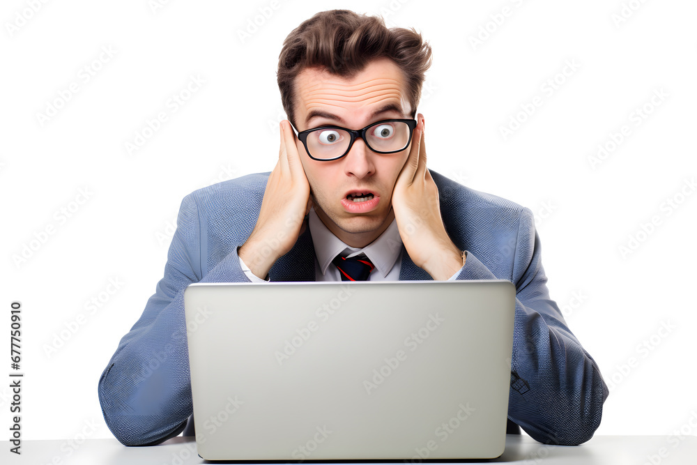 Young man surprised or shocked looking at laptop screen isolated on white background Young man surprised or shocked looking at laptop screen isolated on white background