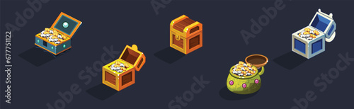 Colorful Treasure Chest Full with Riches Isometric Vector Set