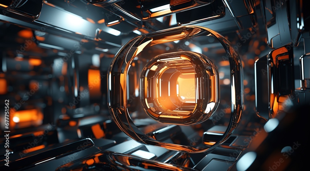 Futuristic tunnel illuminated by orange glow: sci-fi metal corridor