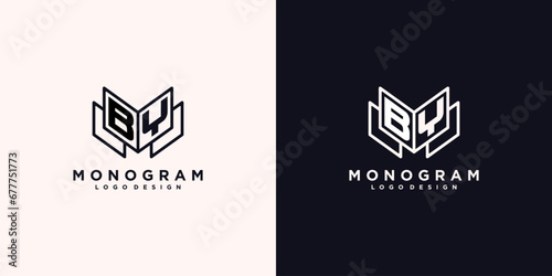 Initials letter BY with book line art education logo symbol vector illustration