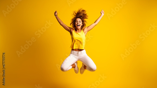 Foto de perfil de tamaño completo de una mujer joven morena optimista saltando, suéter amarillo, jeans, zapatillas de deporte aisladas en fondo de color amarillo  photo
