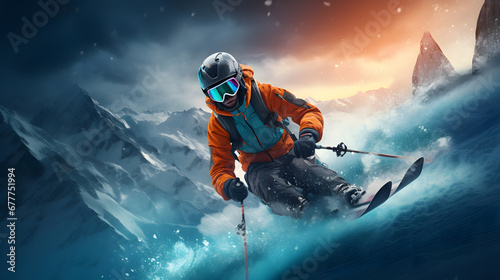 Man in ski equipment riding down the slope