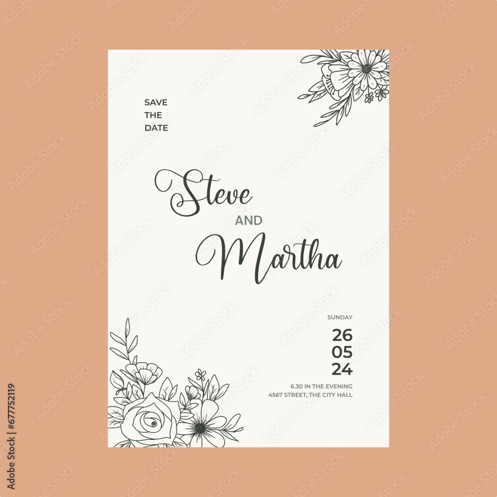 Floral wedding invitation card with hand drawn outline botanical frame Floral wedding invitation card with hand drawn outline botanical frame