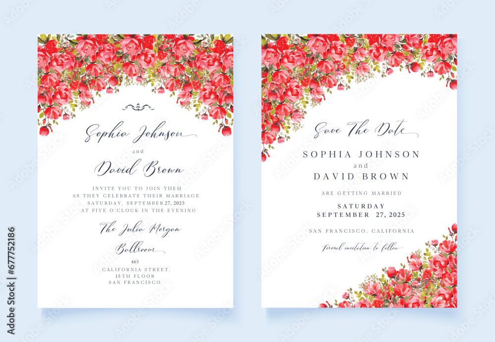 Vintage Watercolor Wedding invitation and Save The Date cards set with red roses flowers. Vector template.