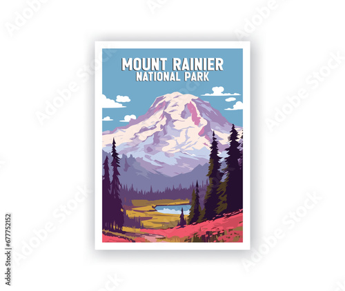Mount Rainier, National Park Illustration Art. Travel Poster Wall Art. Minimalist Vector art. Vector Style. Template of Illustration Graphic Modern Poster for art prints or banner design.