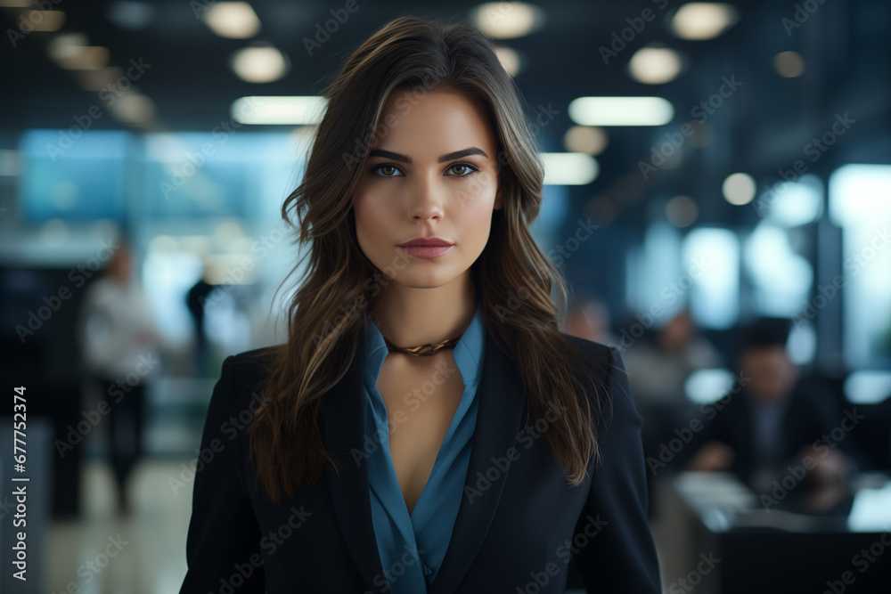 Portrait of a caucasian, brunette, executive woman in a suit looking at camera in the office with her staff with the background out of focus. Corporate portraits
