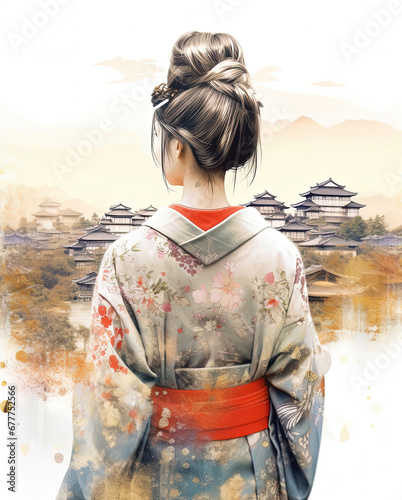 Japanese woman girl in kimono - watercolor