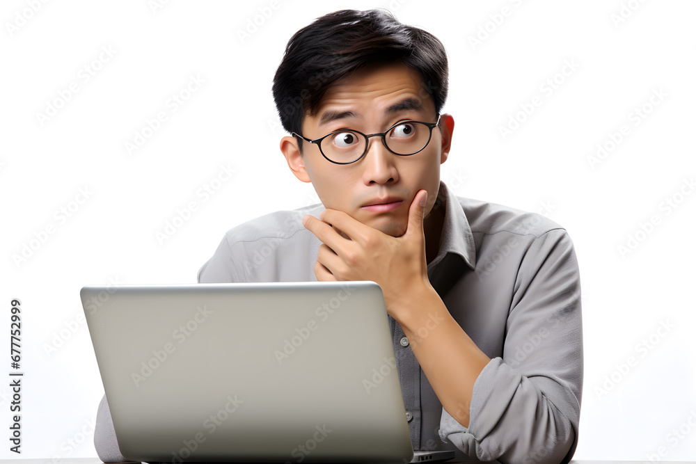 Young man thinking sitting with laptop isolated on white background. Idea solution Young man thinking sitting with laptop isolated on white background. Idea solution
