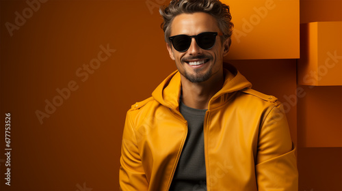portrait of a stylish male model wearing sunglasses and yellow clothes in the studio. poster, advertisement. copy space