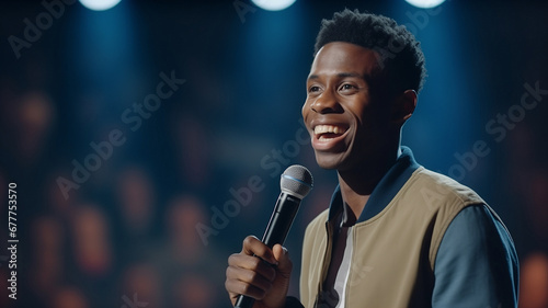 Young afro american man talks joke into microphone or sings songs. Stand up comedian on stage