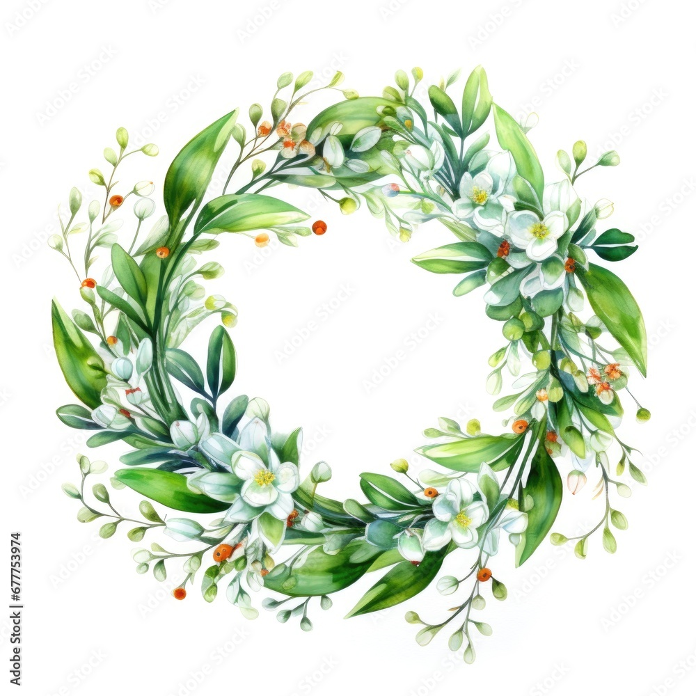 watercolor mistletoe wreath with red berries on white