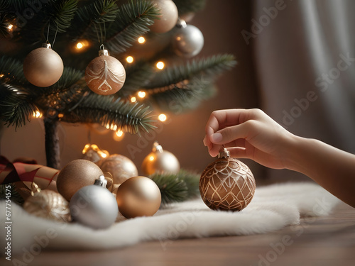 A person decorating home for christmas Placing a Christmas ball on the Christmas tree