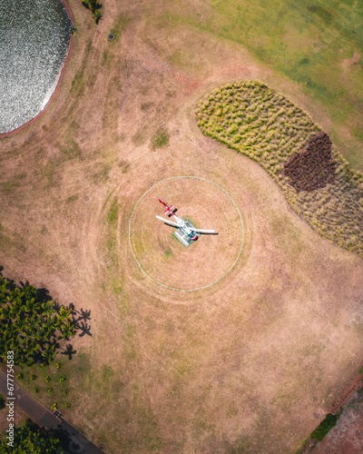 Aerial view of an helicopter ready for take off on a heliport in Bel Ombre, Savanne District, Mauritius. photo