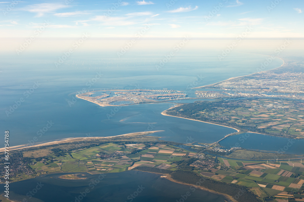 Aerial view of the Maasvlakte and Rotterdam Harbour, Europort on a sunny day