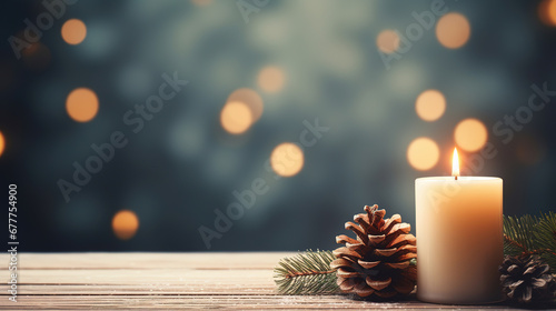 Christmas - Banner Of 1 candle and xmas ornament  Pine-cones And green Spruce Branches minimal blue background and lights in the back  with empty copy space