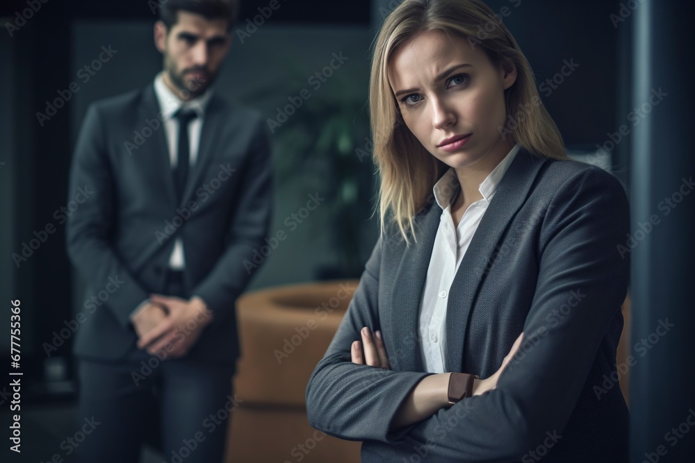 Woman with a gesture of regret and sadness, with her husband in the background threatening. Woman with a gesture of regret and sadness, with her husband in the background threatening.
