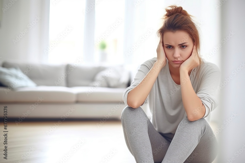 Young woman, sitting on the floor at home, sad and bored, with depressive gesture. Young woman, sitting on the floor at home, sad and bored, with depressive gesture.