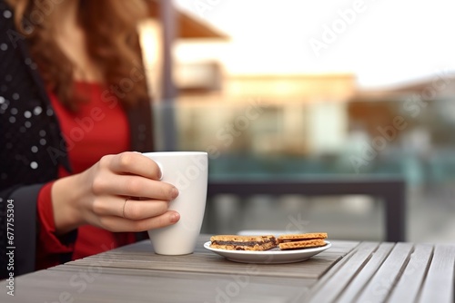 Detail, holding a cup of delicious coffee with cookies in his hand, on a terrace with the mountains in the background.
