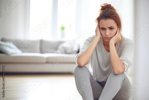 Young woman, sitting on the floor at home, sad and bored, with depressive gesture.