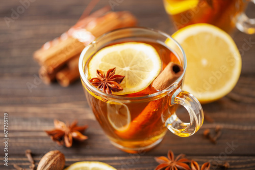 Spiced drink cocktail for New Year, Christmas, winter or autumn holidays. Hot Toddy. photo