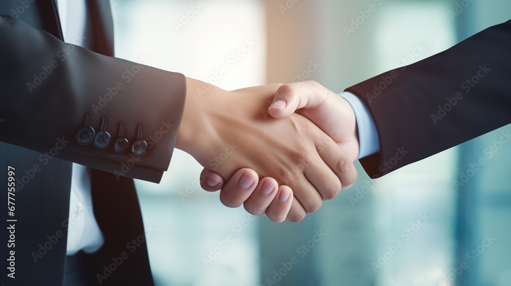 Business partners shaking hands after a good deal. Handshake between man and woman after a successful meeting
